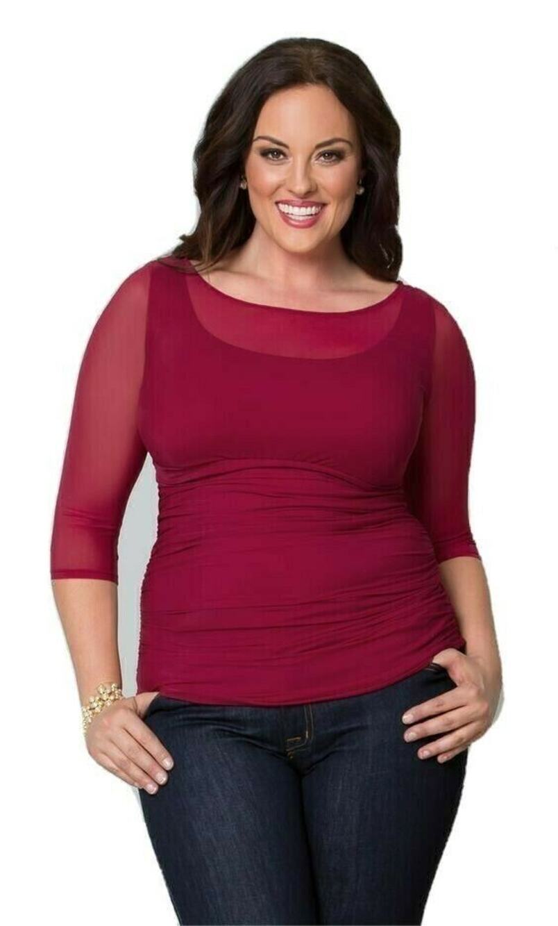 Kiyonna Top 2X Red Tunic Marie Mesh Style Romantic Feminine Party Ruched Retro